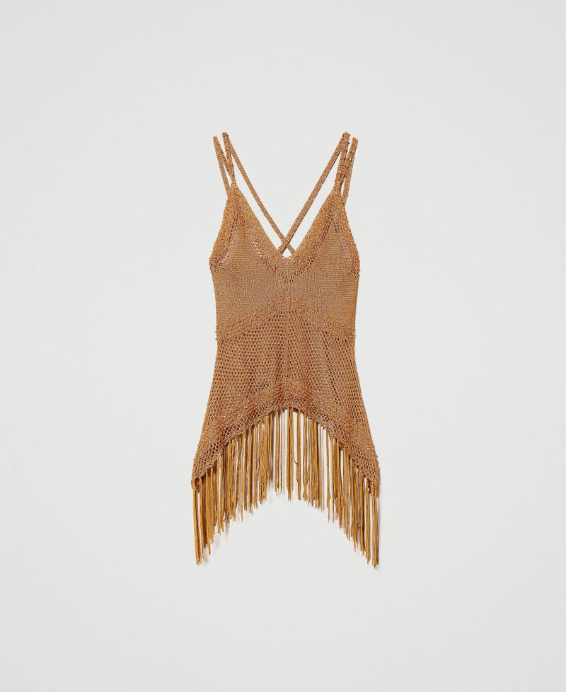 Mesh top with beads and fringes Dark Siena Woman 231TT3070-0S