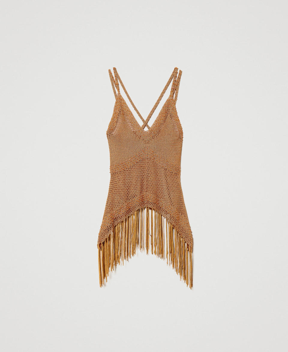 Mesh top with beads and fringes Dark Siena Woman 231TT3070_10730_0S