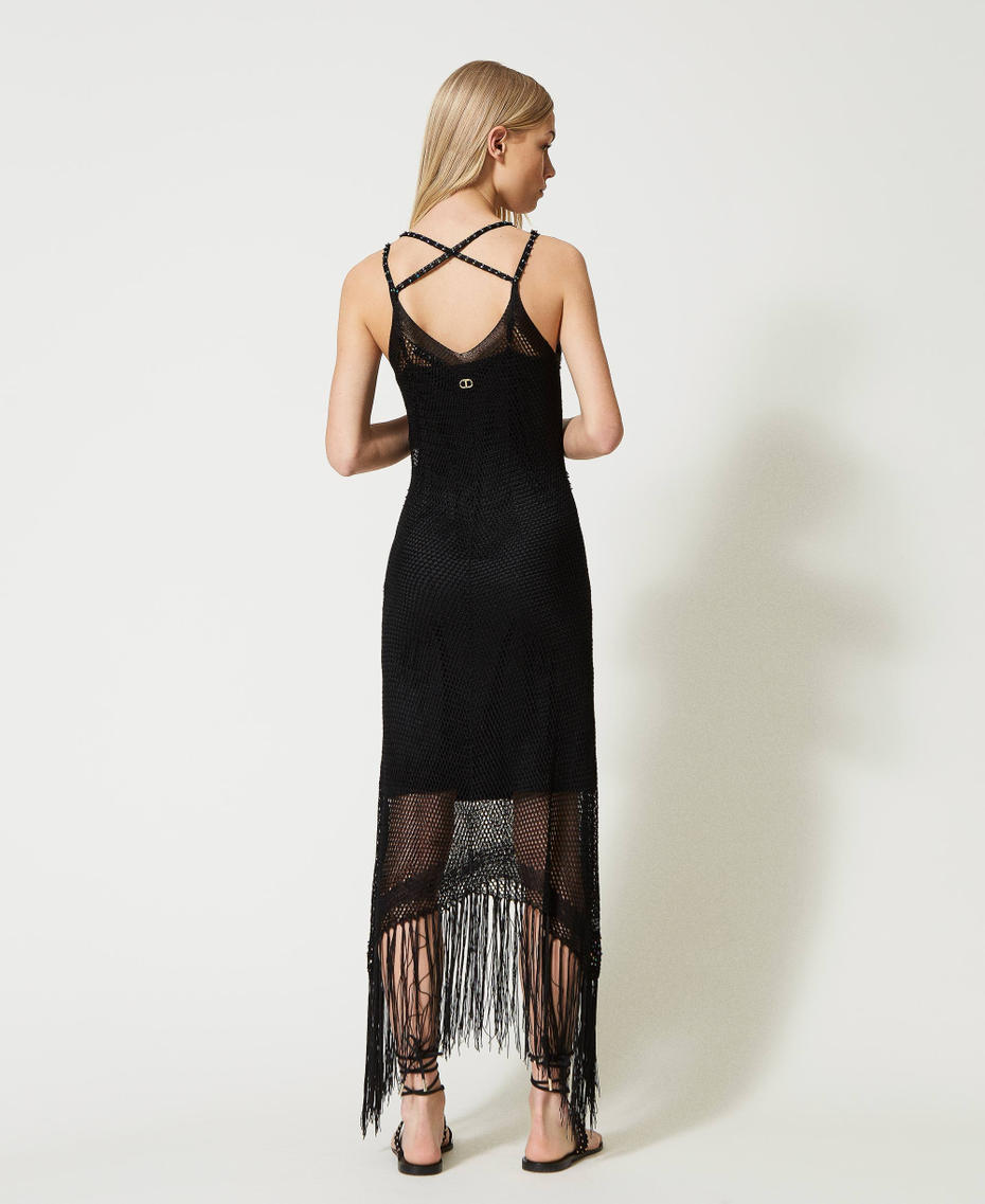 Long mesh dress with beads and fringes Dark Siena Woman 231TT3071-03
