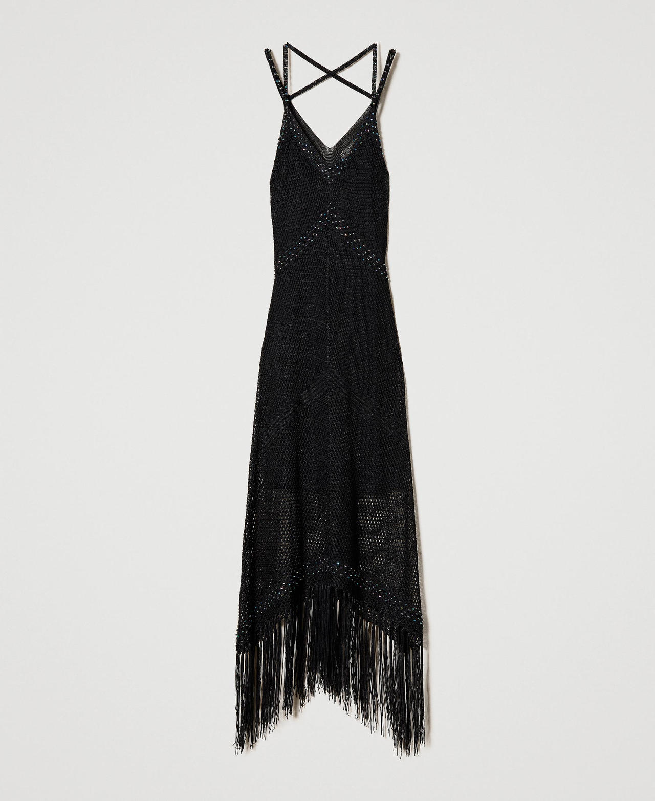 Langes Netzkleid mit Perlchen und Fransen Schwarz Frau 231TT3071_00006_0S