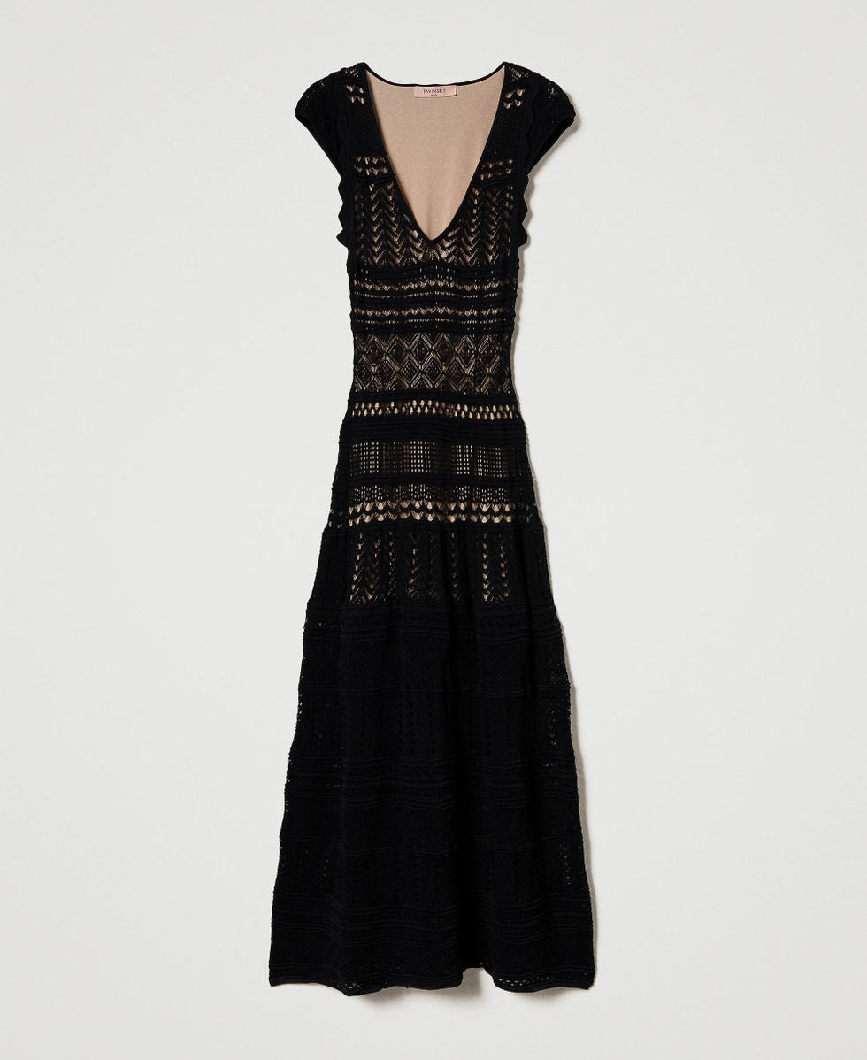 Long knit dress with lace stitch Woman Black TWINSET Milano