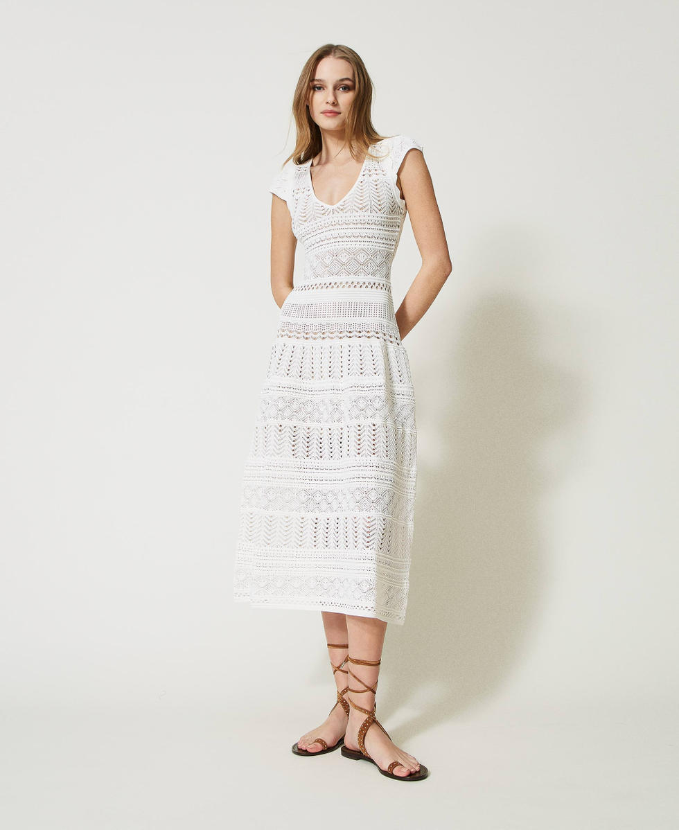 Long knit dress with lace stitch Woman, White | TWINSET Milano