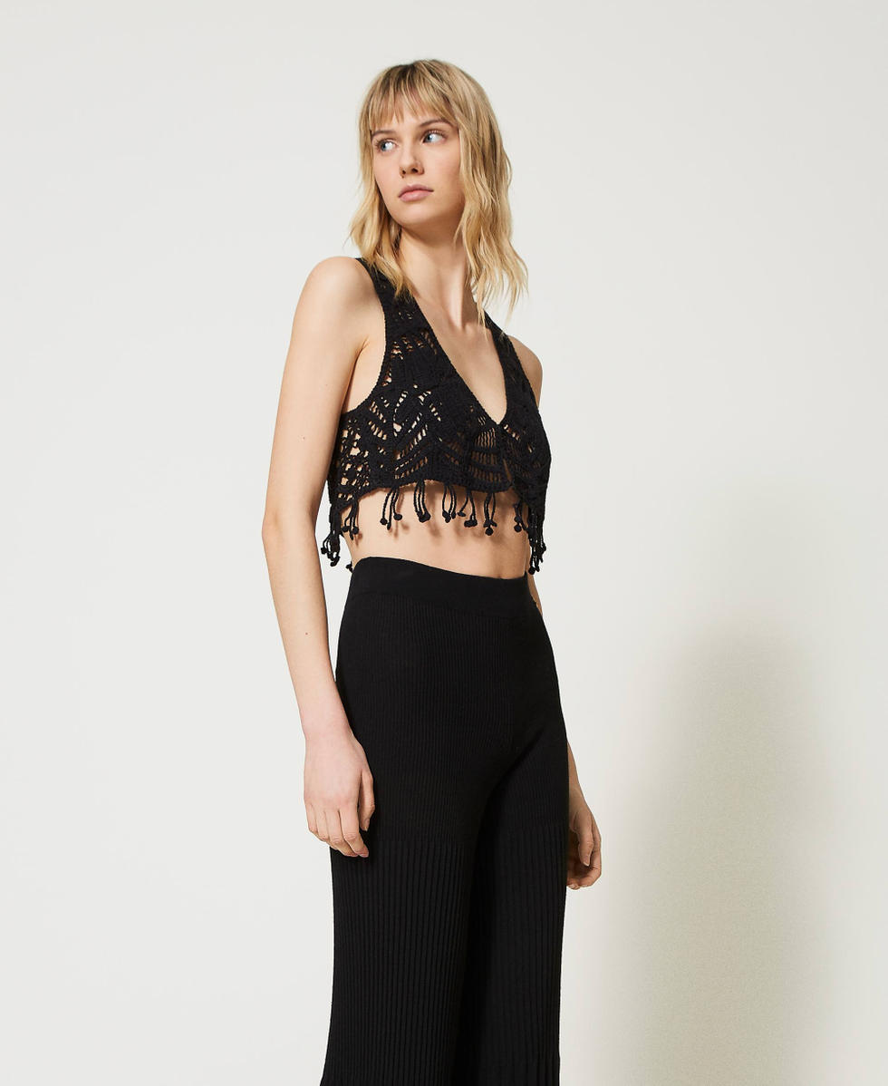 Cropped crochet waistcoat with fringes Woman, Black | TWINSET Milano