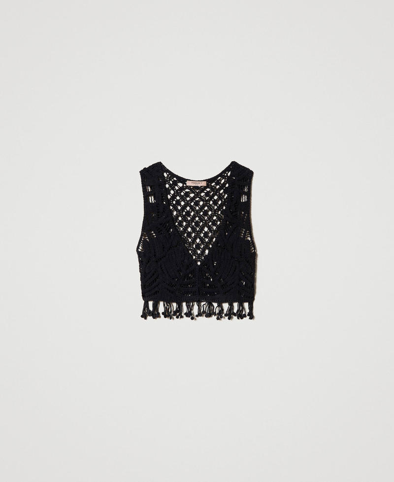 Cropped crochet waistcoat with fringes