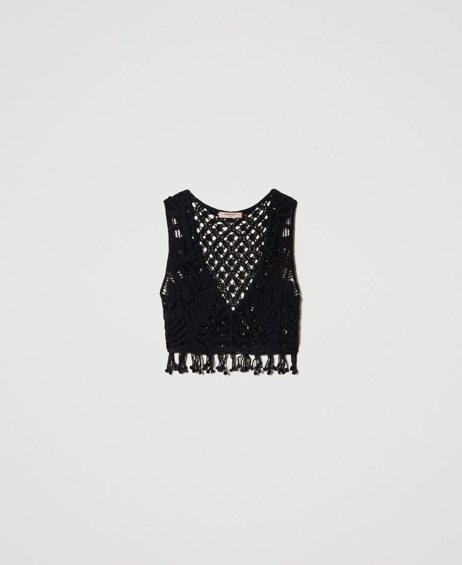 Cropped crochet waistcoat with fringes