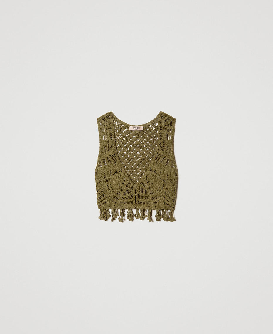 Cropped crochet waistcoat with fringes Black Woman 231TT3100-0S