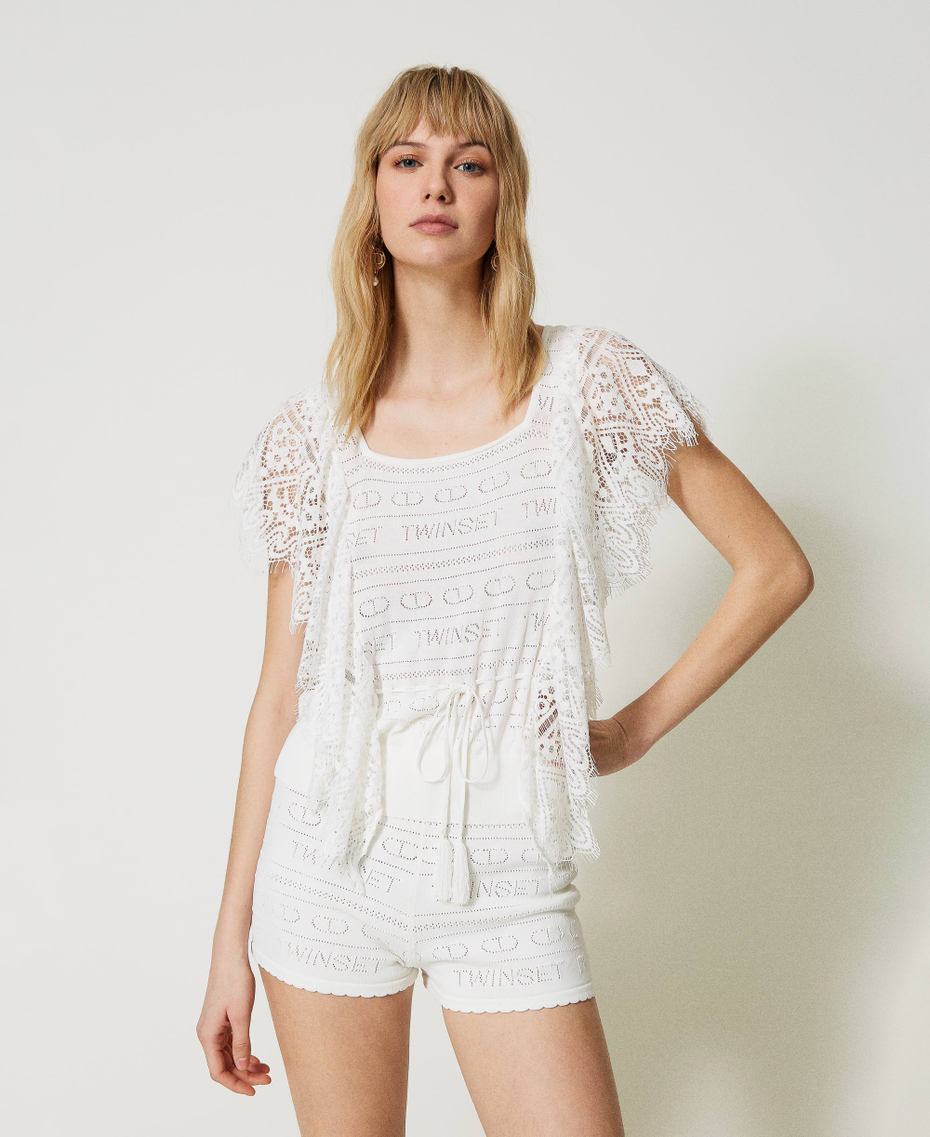 Openwork top with logo and lace White Snow Woman 231TT3113-01
