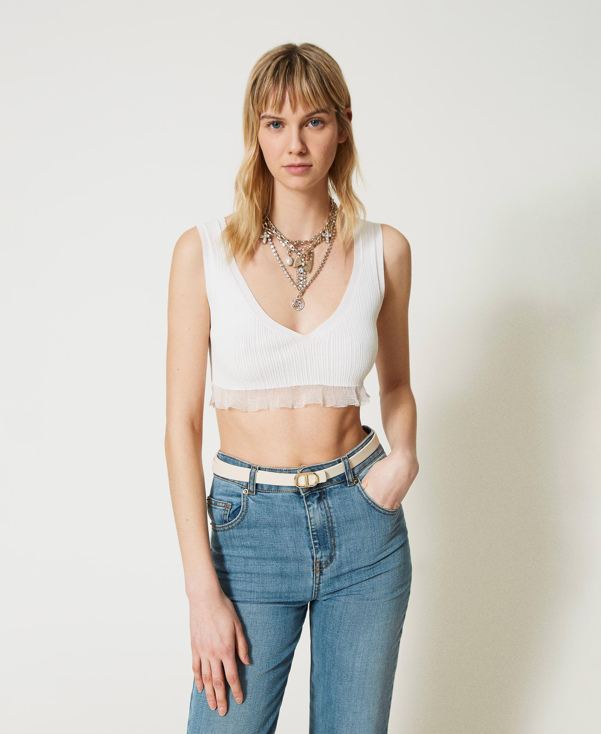 Ribbed cropped top with flounce