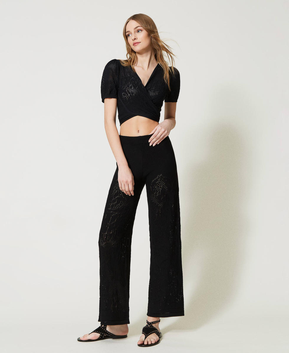 Pantaloni a palazzo con fiori traforati Donna Nero TWINSET Milano