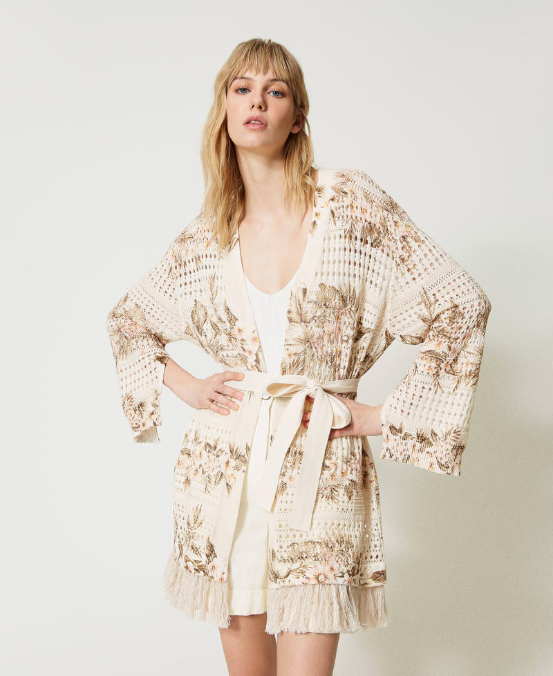 Maxi openwork cardigan with print