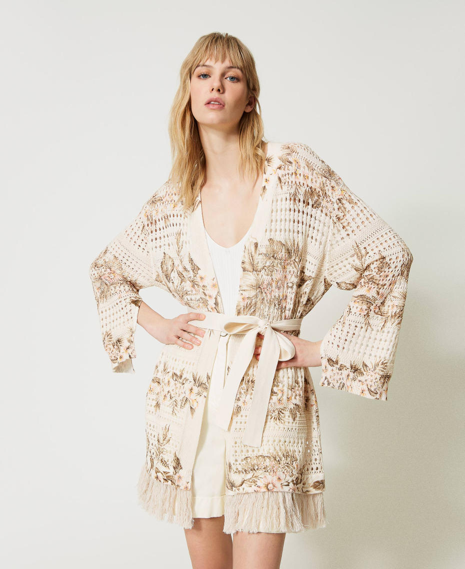 Maxi openwork cardigan with print