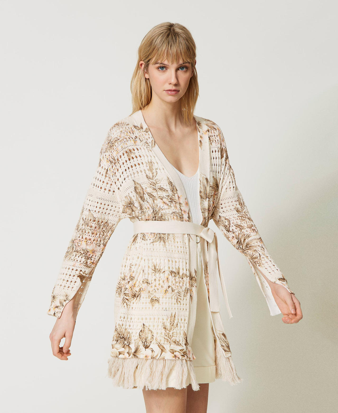 Maxi openwork cardigan with print