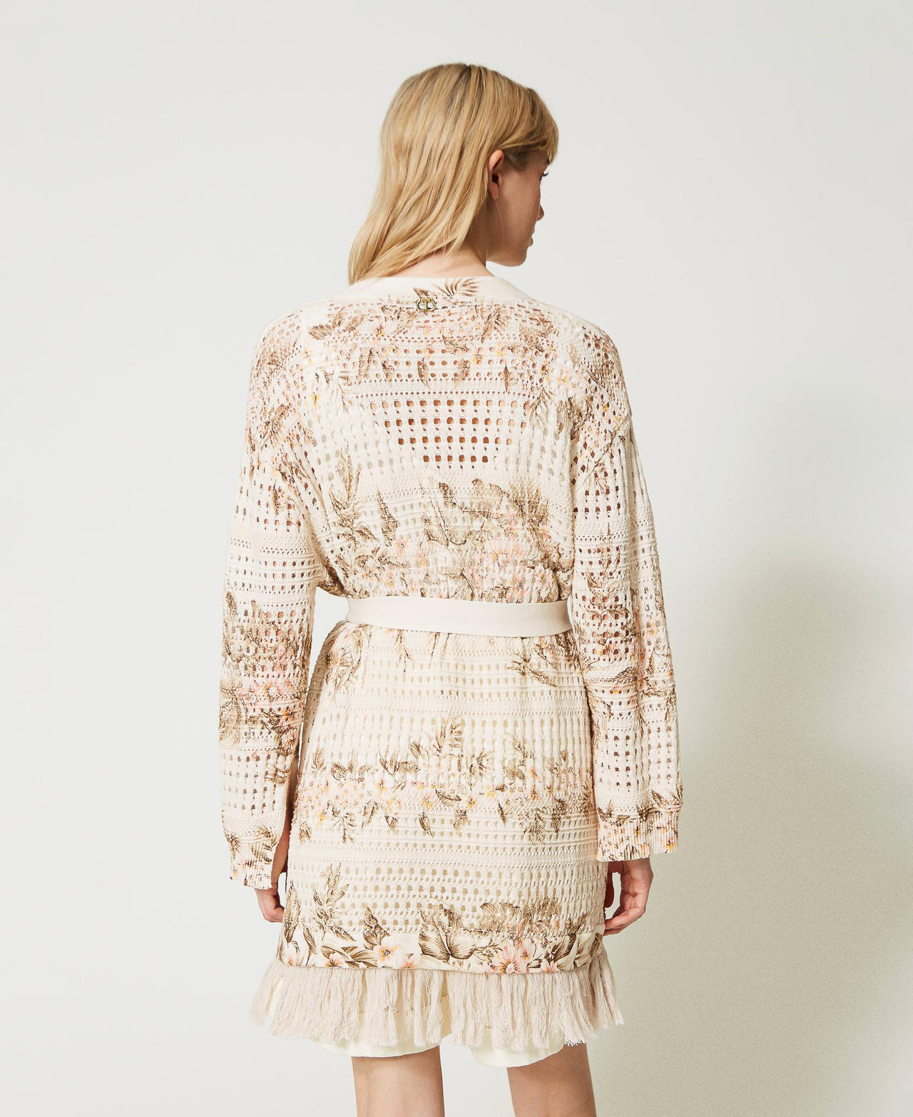 Maxi openwork cardigan with print