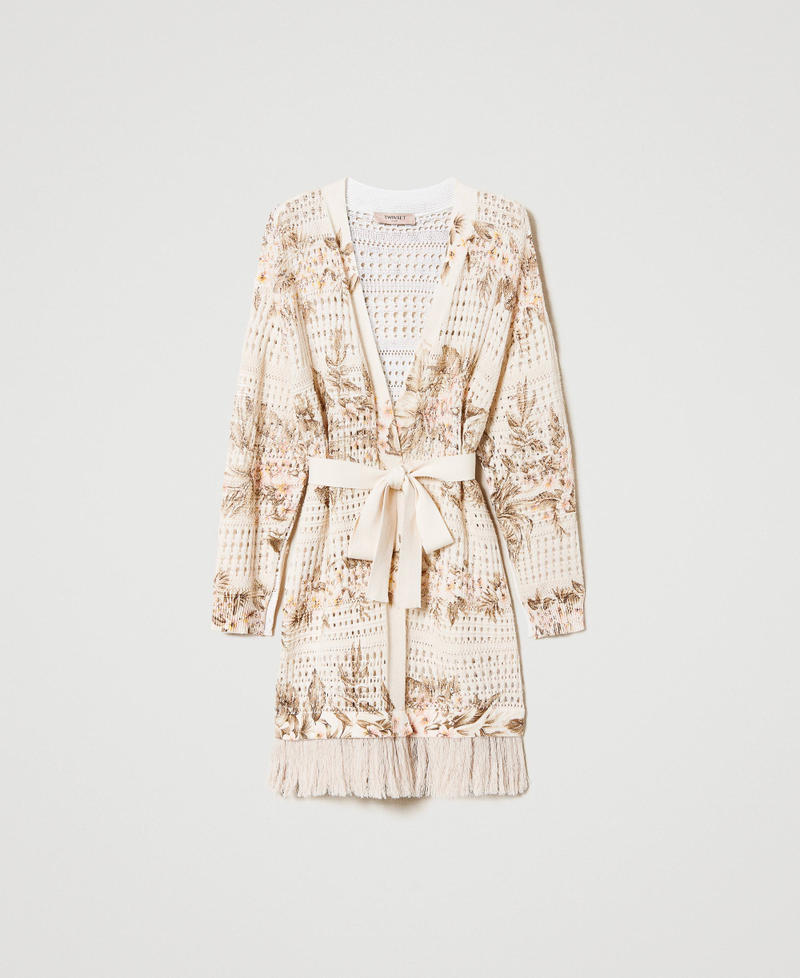 Maxi openwork cardigan with print