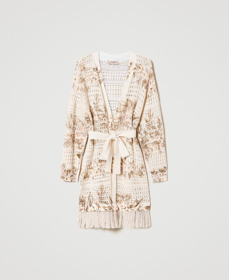 Maxi openwork cardigan with print