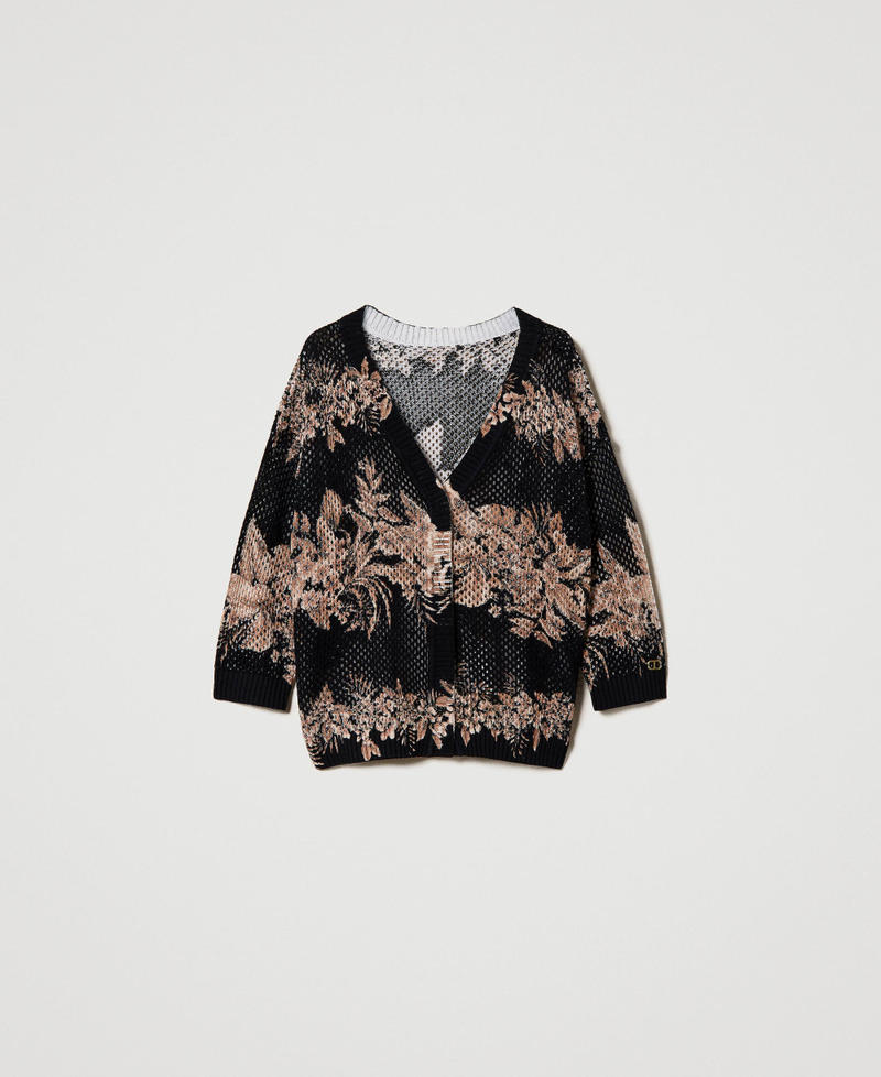 Boxy jumper-cardigan with print Black / “Pale Hemp” Beige Hibiscus Print Woman 231TT3181-0S