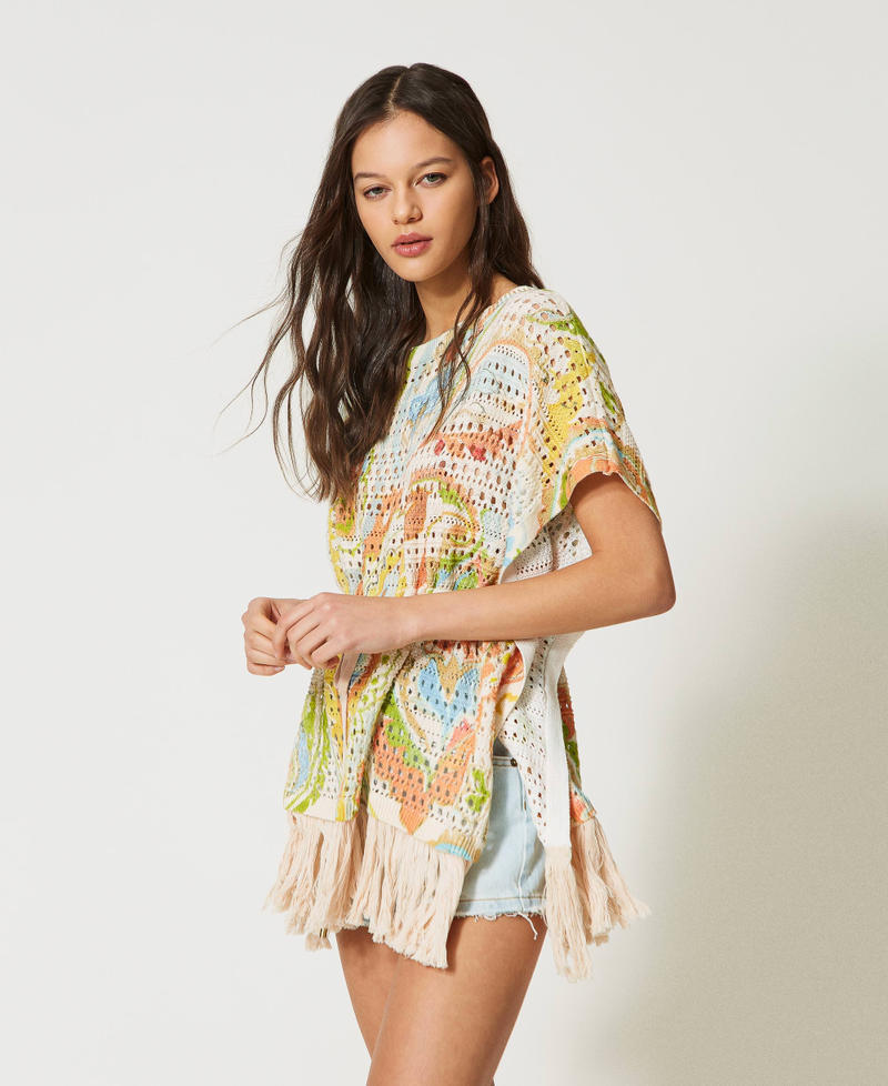 Openwork kaftan jumper with print “Hazelnut” Brown / Agave Green Paisley Print Woman 231TT3182_10670_01