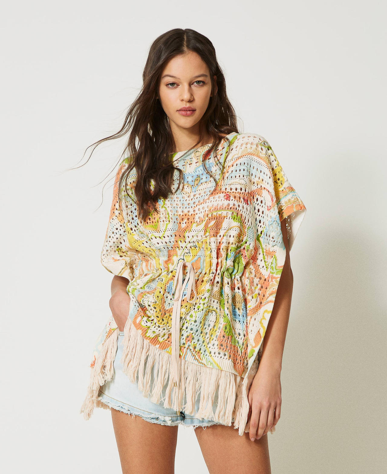 Openwork kaftan jumper with print “Hazelnut” Brown / Agave Green Paisley Print Woman 231TT3182_10670_02