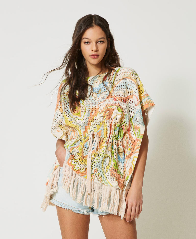 Openwork kaftan jumper with print “Hazelnut” Brown / Agave Green Paisley Print Woman 231TT3182_10670_02