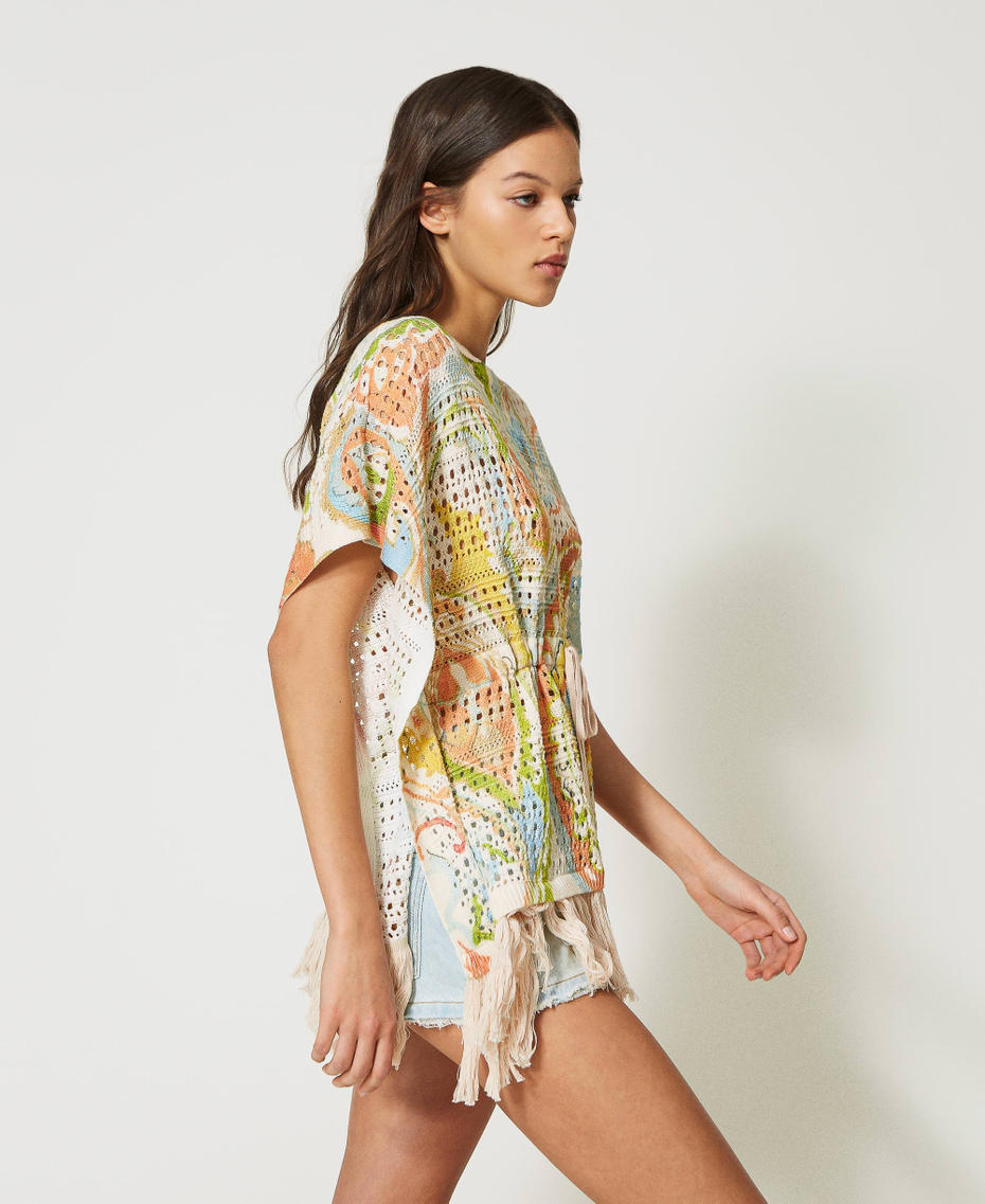 Openwork kaftan jumper with print “Hazelnut” Brown / Agave Green Paisley Print Woman 231TT3182_10670_03