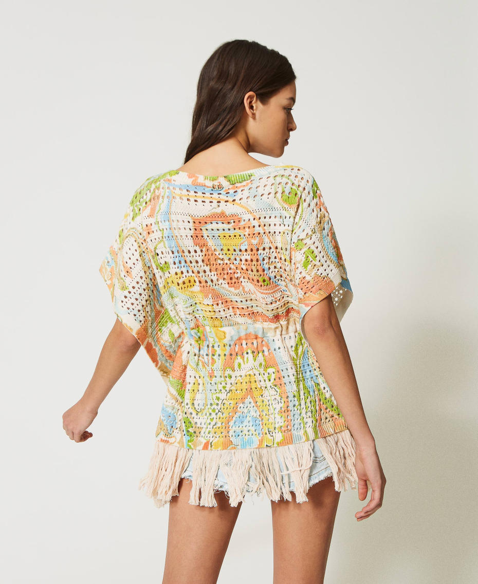 Openwork kaftan jumper with print “Hazelnut” Brown / Agave Green Paisley Print Woman 231TT3182_10670_04