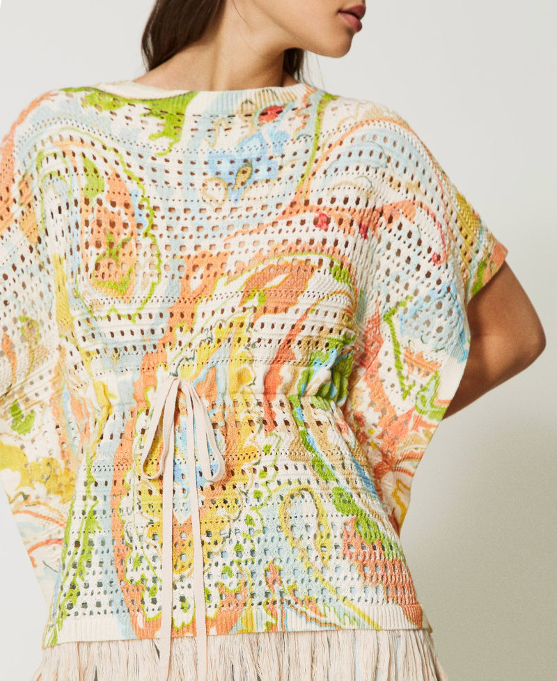Openwork kaftan jumper with print “Hazelnut” Brown / Agave Green Paisley Print Woman 231TT3182_10670_05