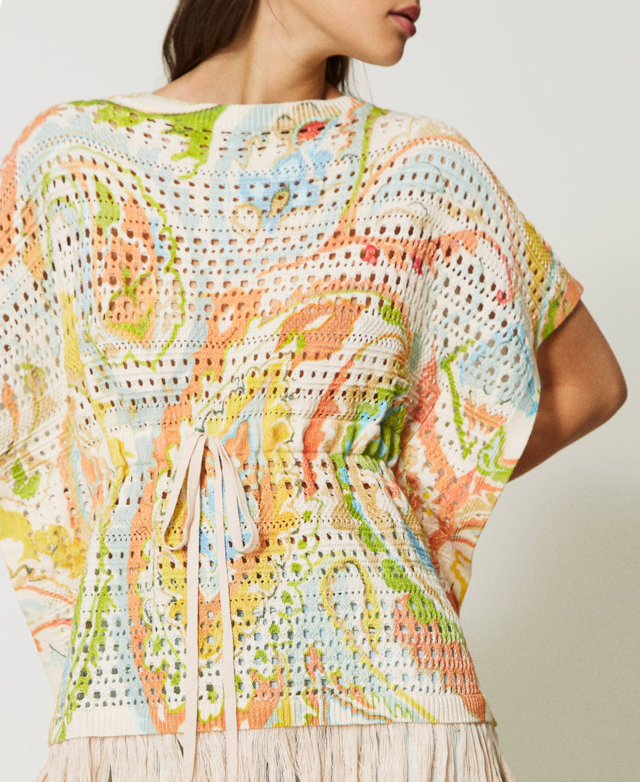 Openwork kaftan jumper with print “Hazelnut” Brown / Agave Green Paisley Print Woman 231TT3182_10670_05