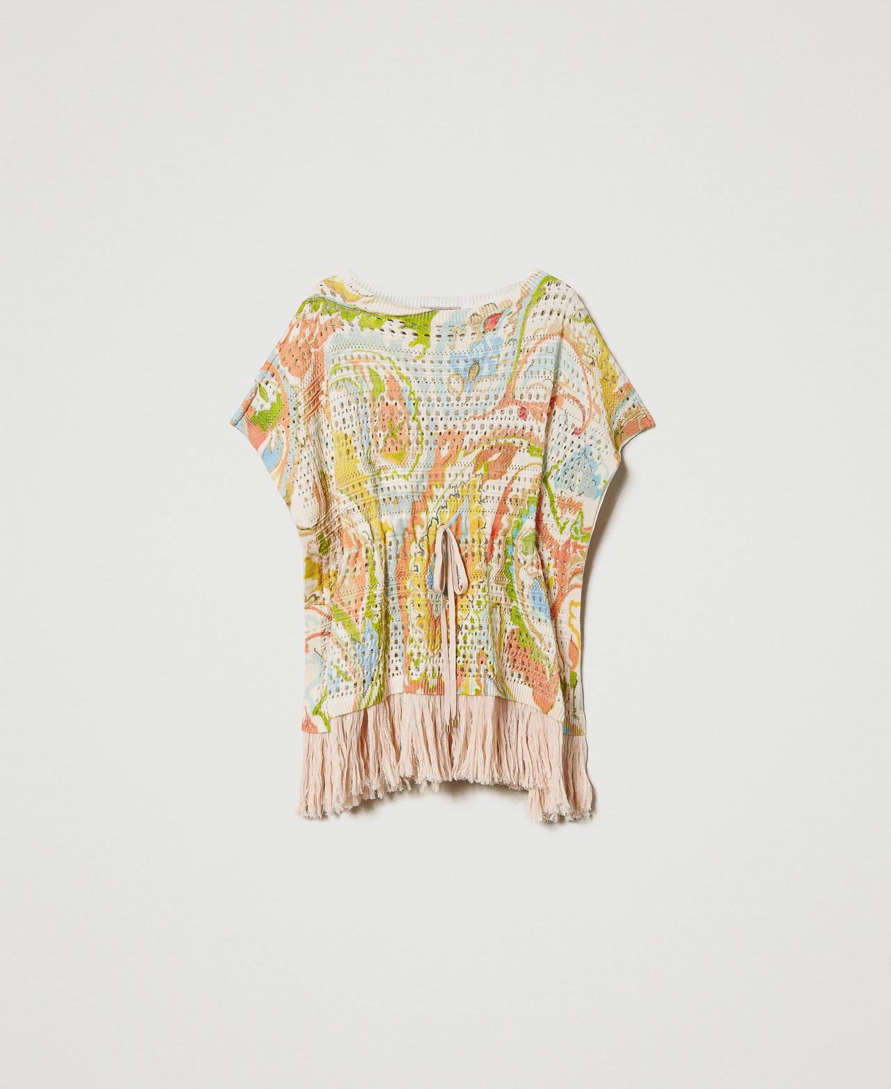 Openwork kaftan jumper with print “Hazelnut” Brown / Agave Green Paisley Print Woman 231TT3182_10670_0S