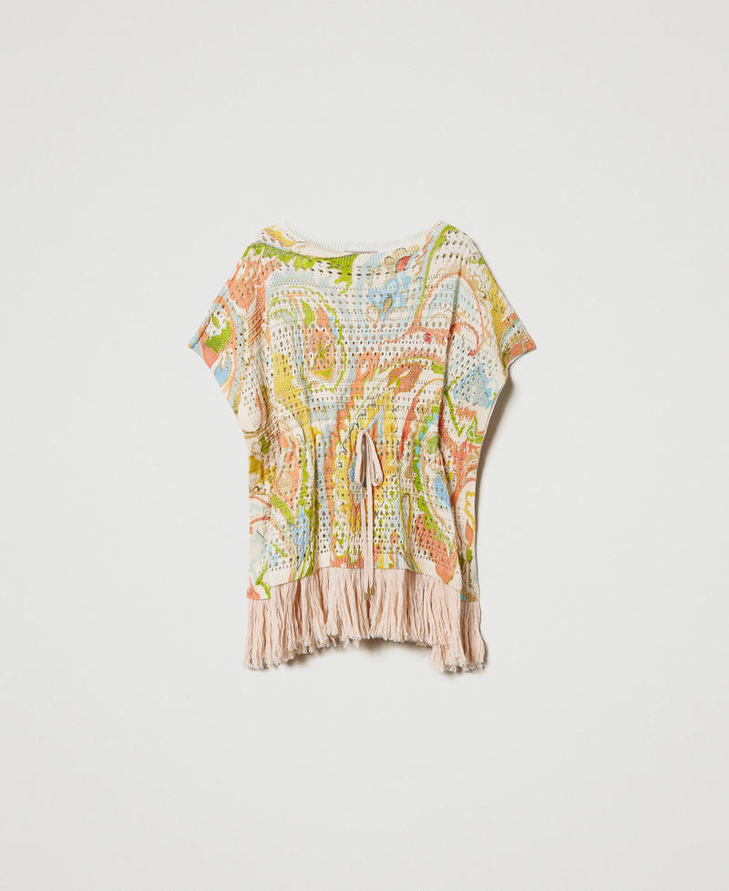 Openwork kaftan jumper with print “Hazelnut” Brown / Agave Green Paisley Print Woman 231TT3182-0S