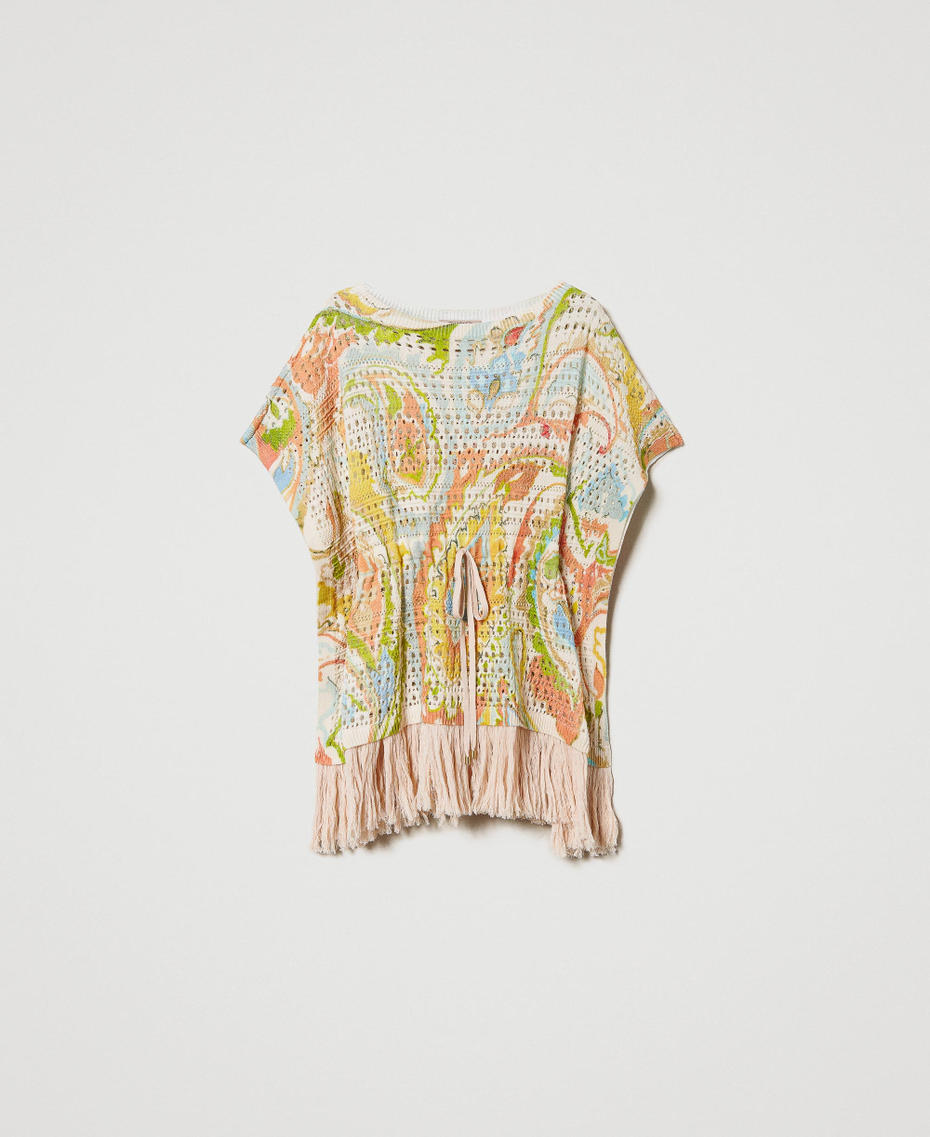 Openwork kaftan jumper with print “Hazelnut” Brown / Agave Green Paisley Print Woman 231TT3182_10670_S0