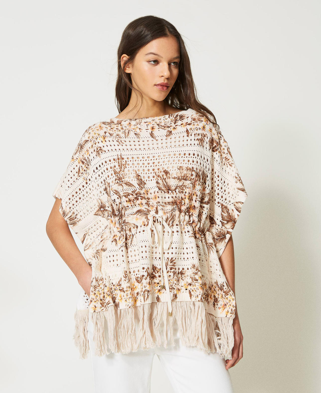 Openwork kaftan jumper with print Ivory / Pink Hibiscus Print Woman 231TT3182_10671_02
