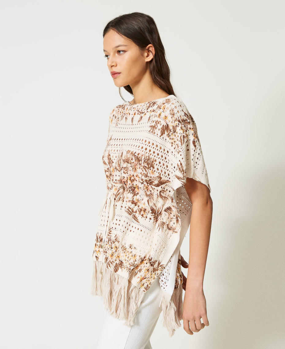 Openwork kaftan jumper with print Ivory / Pink Hibiscus Print Woman 231TT3182_10671_03