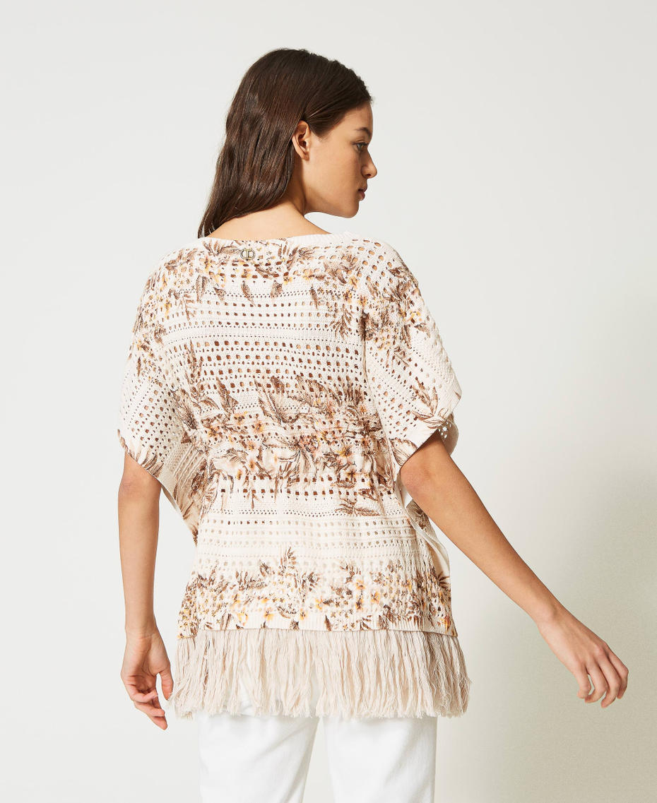 Openwork kaftan jumper with print Ivory / Pink Hibiscus Print Woman 231TT3182_10671_04