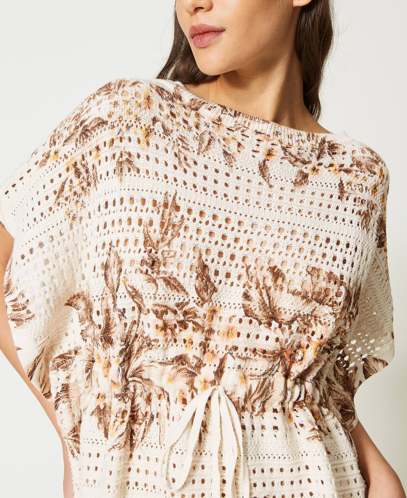 Openwork kaftan jumper with print Ivory / Pink Hibiscus Print Woman 231TT3182_10671_05