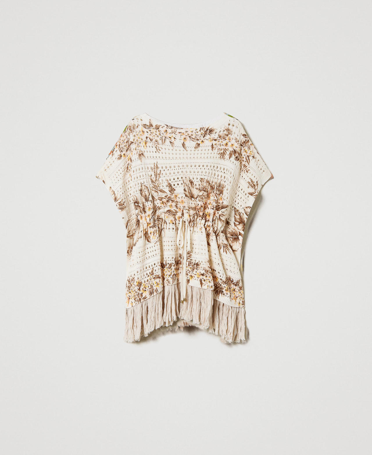 Openwork kaftan jumper with print Ivory / Pink Hibiscus Print Woman 231TT3182_10671_0S