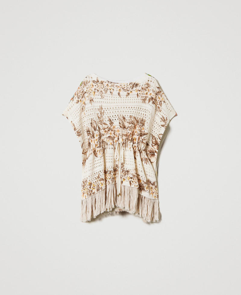 Openwork kaftan jumper with print Ivory / Pink Hibiscus Print Woman 231TT3182_10671_0S