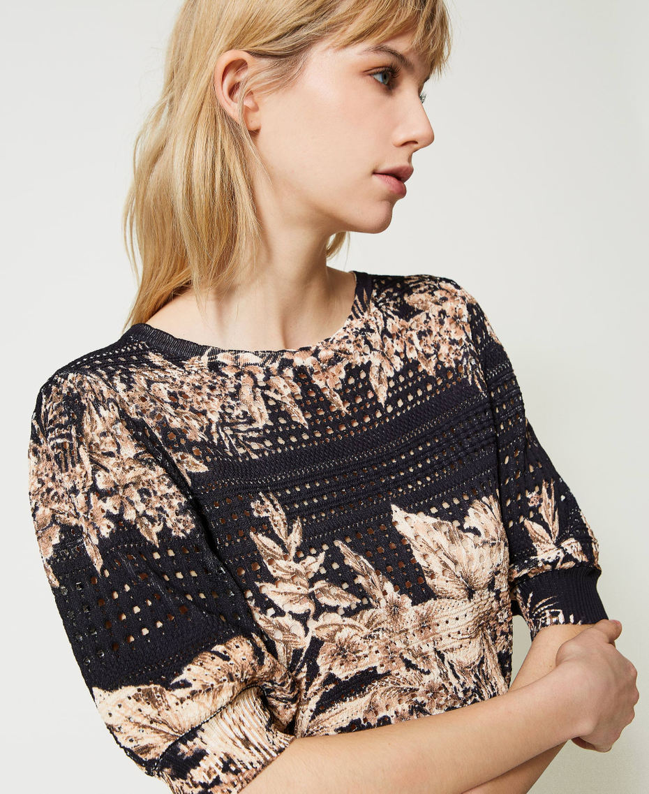 Openwork jumper with print Black / “Pale Hemp” Beige Hibiscus Print Woman 231TT3183_10673_04