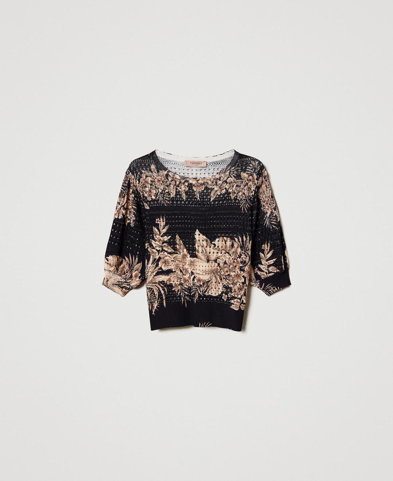 Openwork jumper with print Black / “Pale Hemp” Beige Hibiscus Print Woman 231TT3183_10673_0S