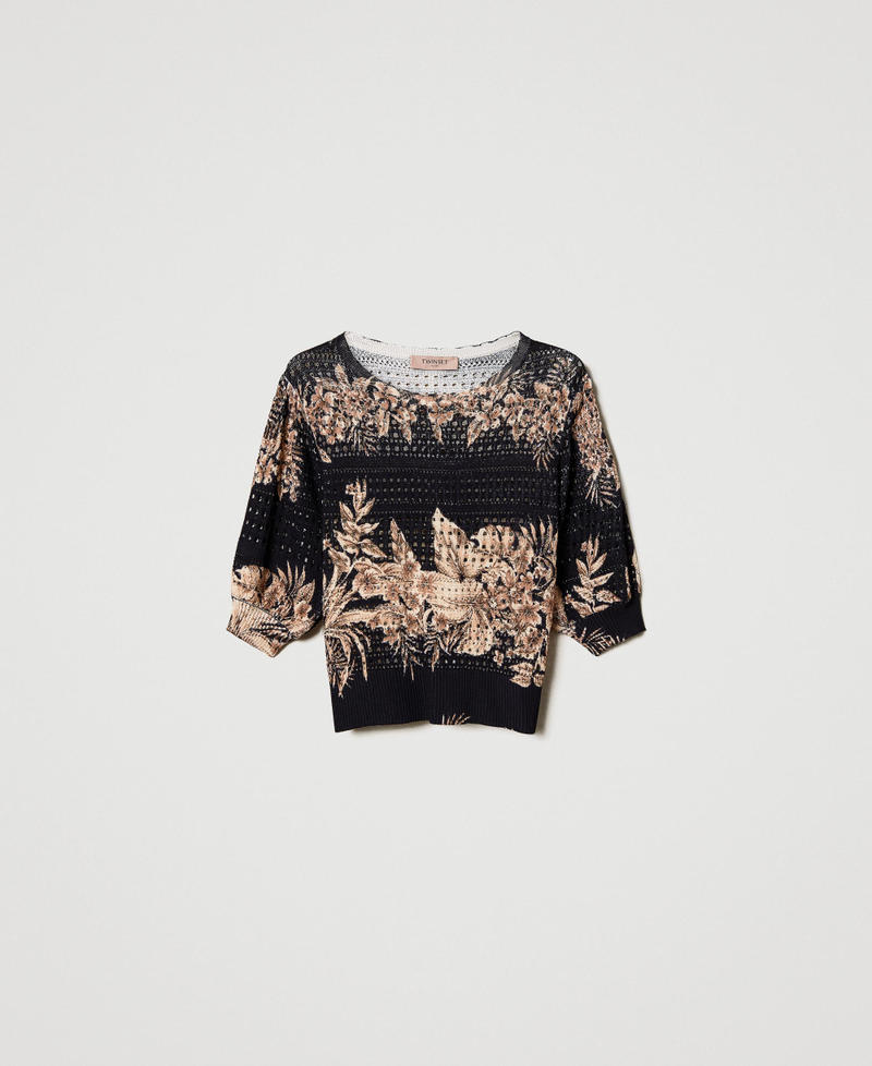 Openwork jumper with print Black / “Pale Hemp” Beige Hibiscus Print Woman 231TT3183_10673_0S