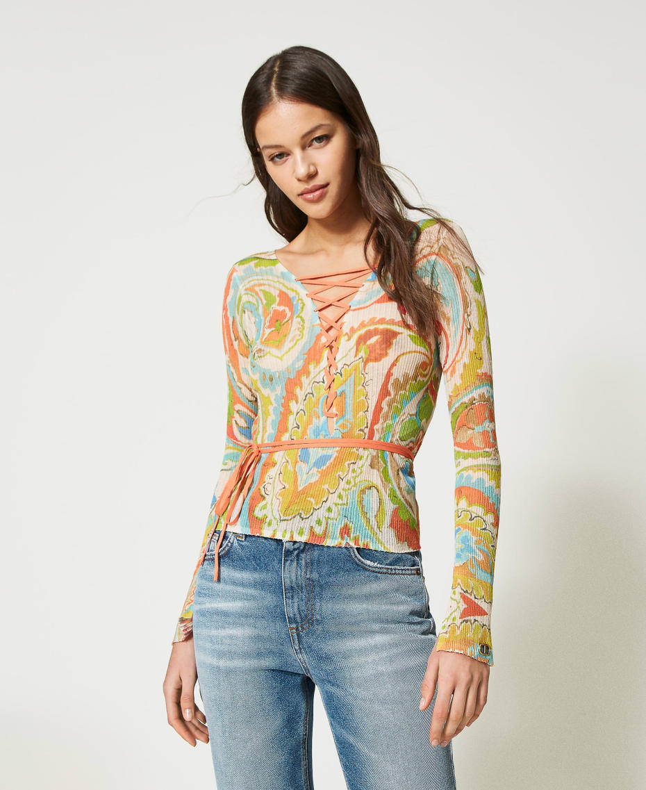 Pull double usage imprimé avec lacets Imprimé Motif Cachemire Marron « Hazelnut »/Vert Agave Femme 231TT3191_10670_01