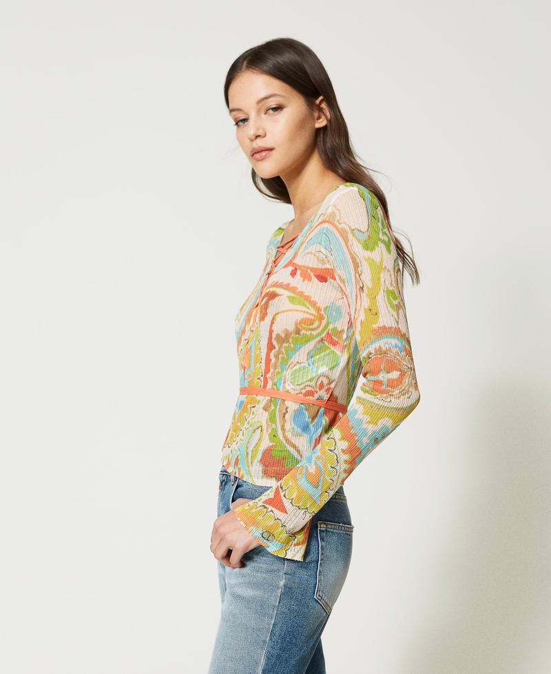 Pull double usage imprimé avec lacets Imprimé Motif Cachemire Marron « Hazelnut »/Vert Agave Femme 231TT3191_10670_02