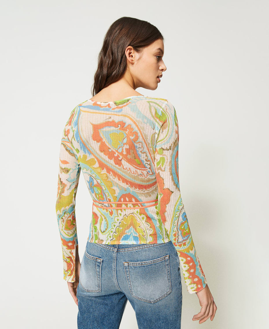 Pull double usage imprimé avec lacets Imprimé Motif Cachemire Marron « Hazelnut »/Vert Agave Femme 231TT3191_10670_03