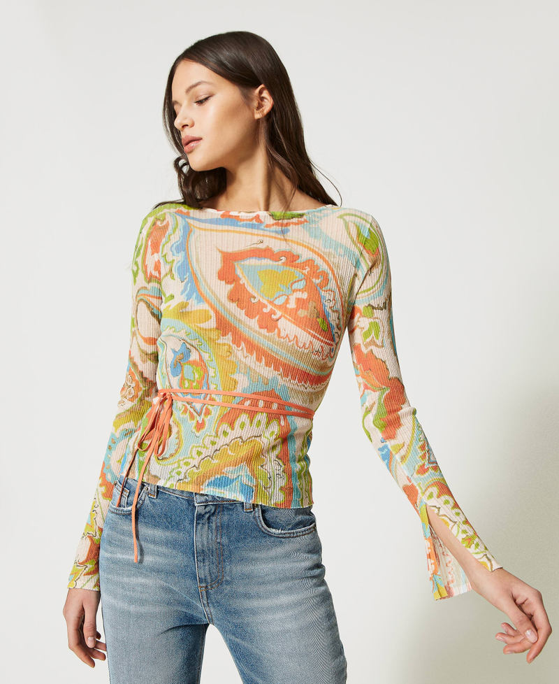 Pull double usage imprimé avec lacets Imprimé Motif Cachemire Marron « Hazelnut »/Vert Agave Femme 231TT3191_10670_05