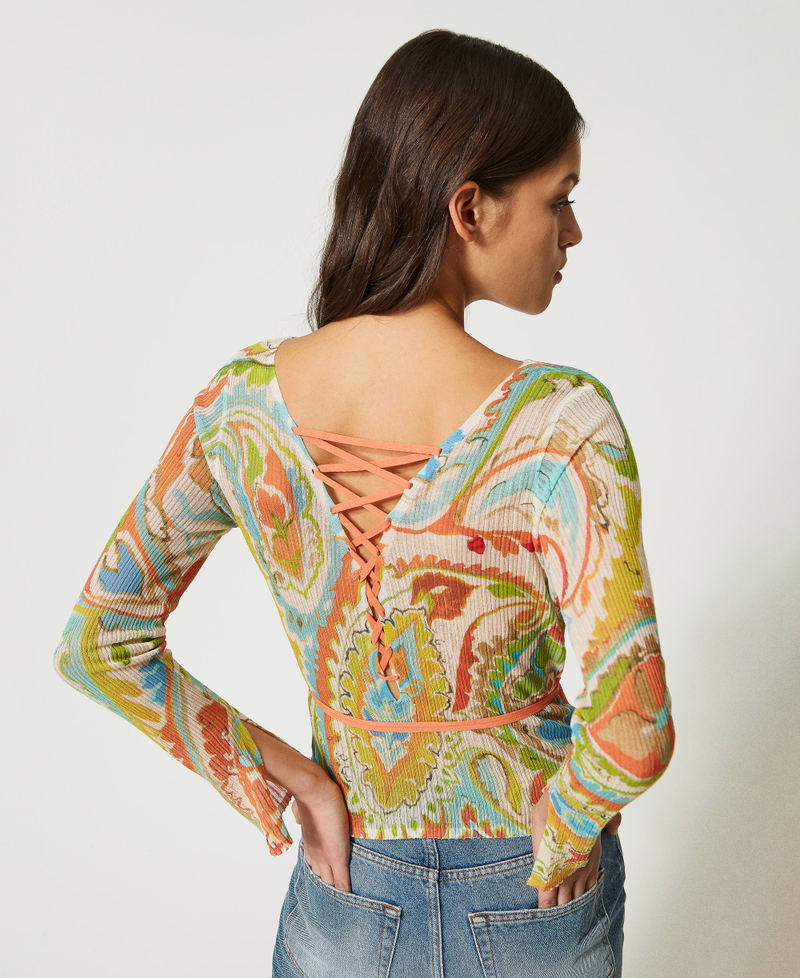 Pull double usage imprimé avec lacets Imprimé Motif Cachemire Marron « Hazelnut »/Vert Agave Femme 231TT3191_10670_06