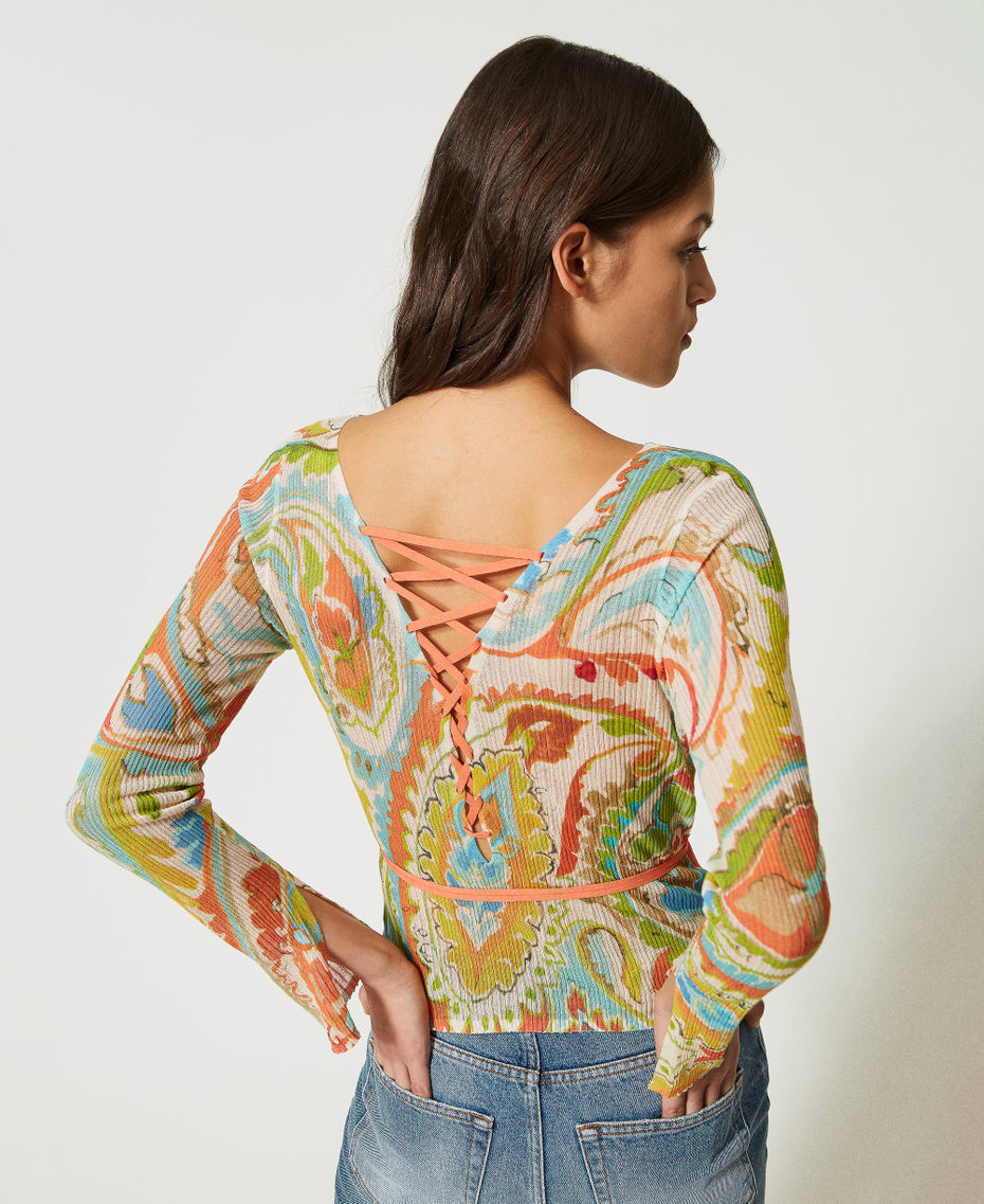 Pull double usage imprimé avec lacets Imprimé Motif Cachemire Marron « Hazelnut »/Vert Agave Femme 231TT3191_10670_06
