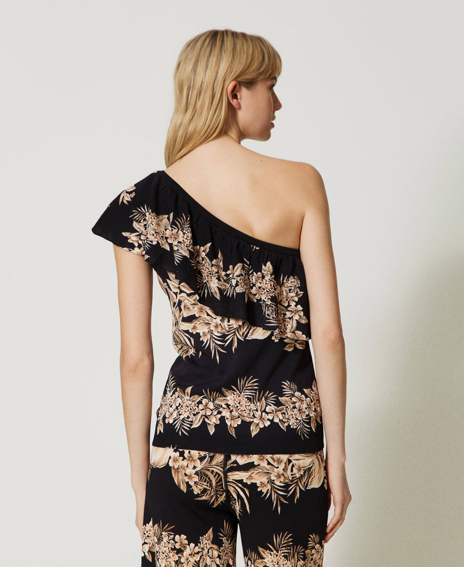 Printed knit one-shoulder top Black / “Pale Hemp” Beige Hibiscus Print Woman 231TT3240-03