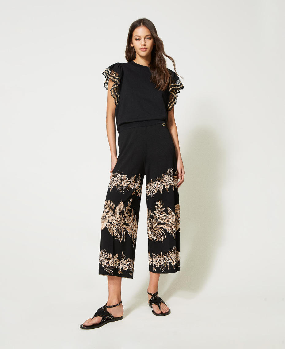 Printed knit cropped trousers Black / “Pale Hemp” Beige Hibiscus Print Woman 231TT3241-01