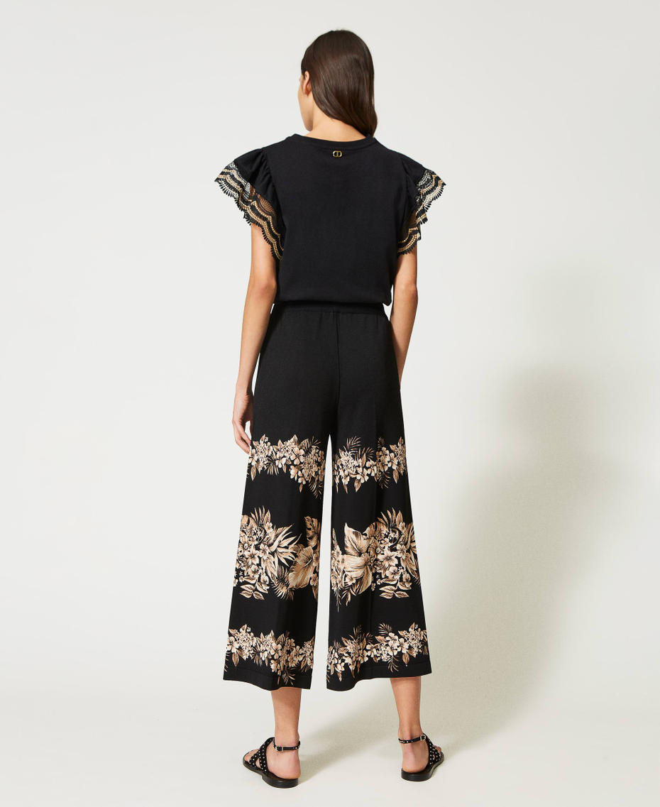 Printed knit cropped trousers Black / “Pale Hemp” Beige Hibiscus Print Woman 231TT3241-03