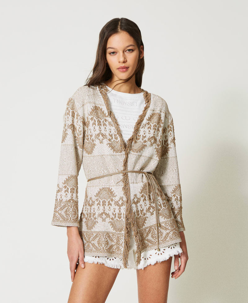 Jacquard knit jacket with fringes Two-tone Ivory Textured Jacquard Lurex Woman 231TT3251-01