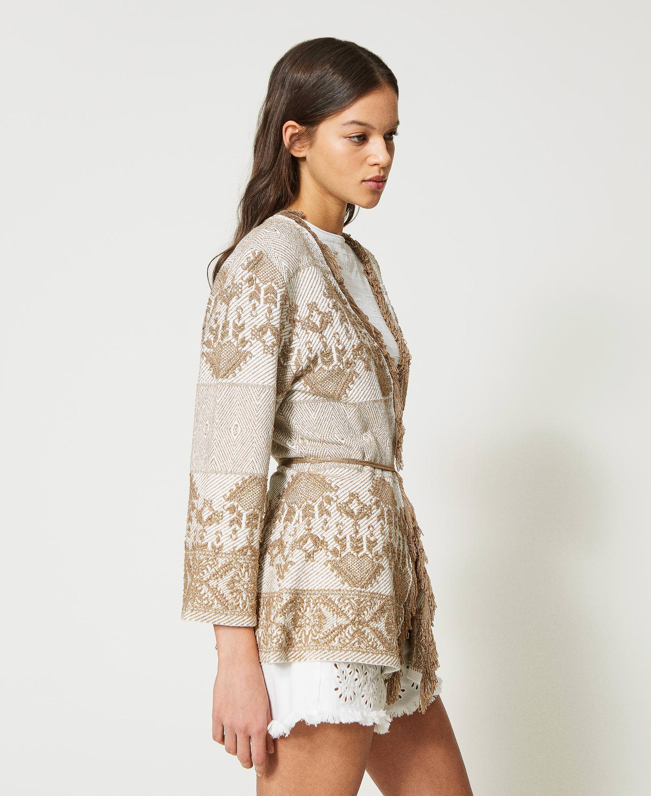 Jacquard knit jacket with fringes Two-tone Ivory Textured Jacquard Lurex Woman 231TT3251-02
